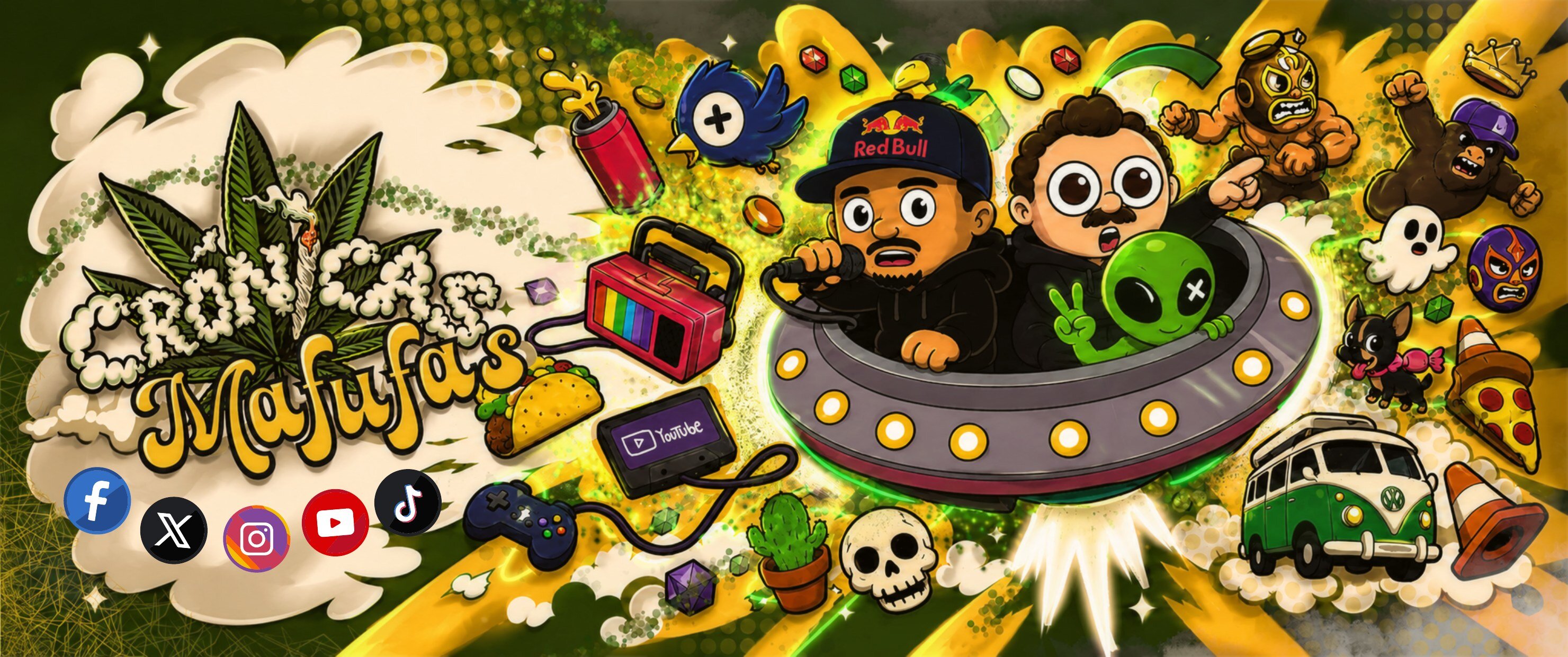 Ilustración de Crónicas Mafufas: los conductores en un platillo volador rodeados de un alien, un luchador, tacos y más